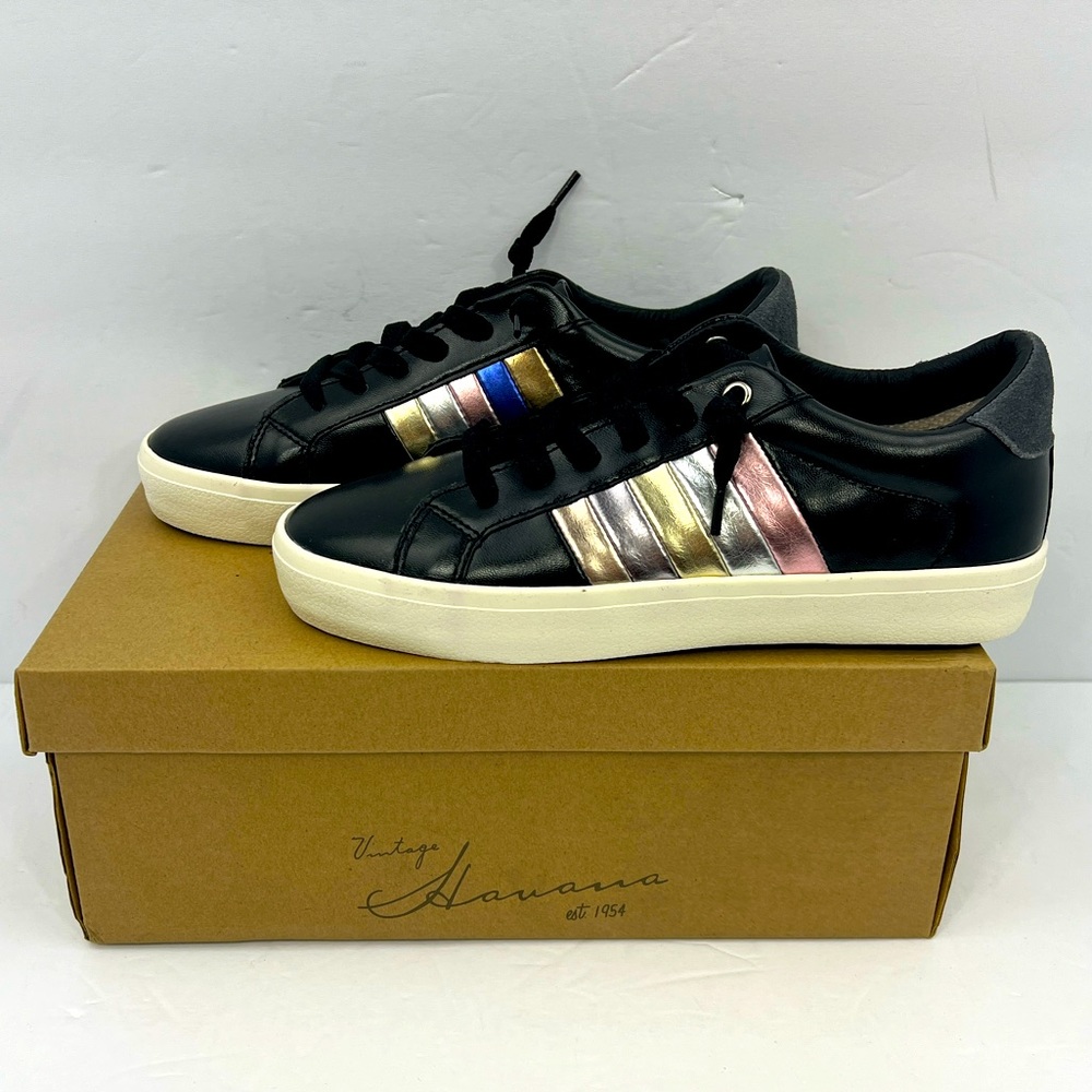VINTAGE HAVANA, TENNIS SHOES,BLACK WITH RAINBOW SHINY STRIPES ON THE SIDE SIZE 6 - Picture 3 of 15
